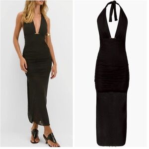 Caroline Constas Salma Halter Gold Plated Detail Black Cover-Up Dress